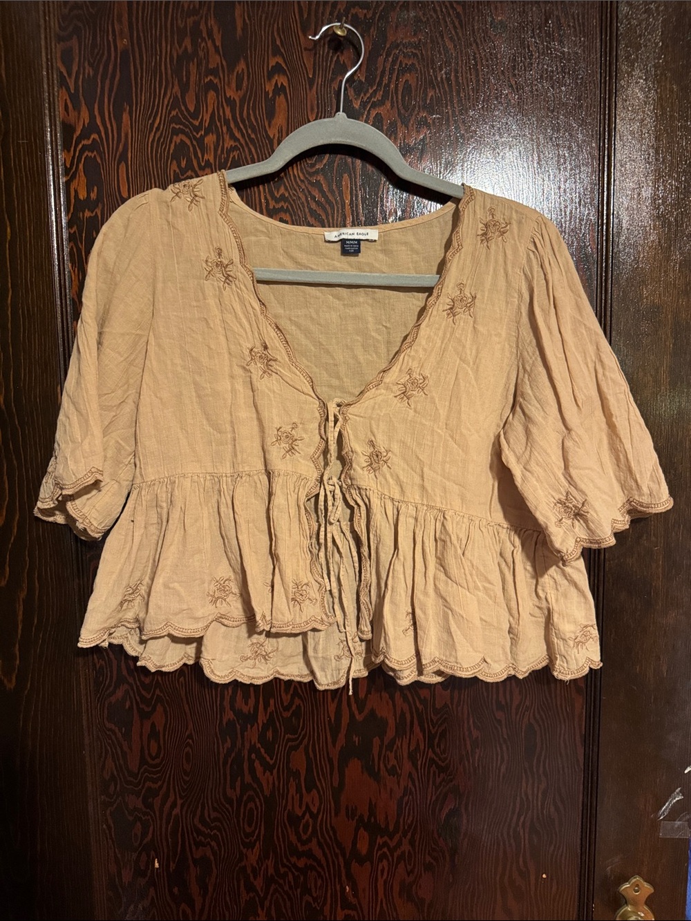 American Eagle Outfitters Beige Embroidered Tie-Front Peasant Top